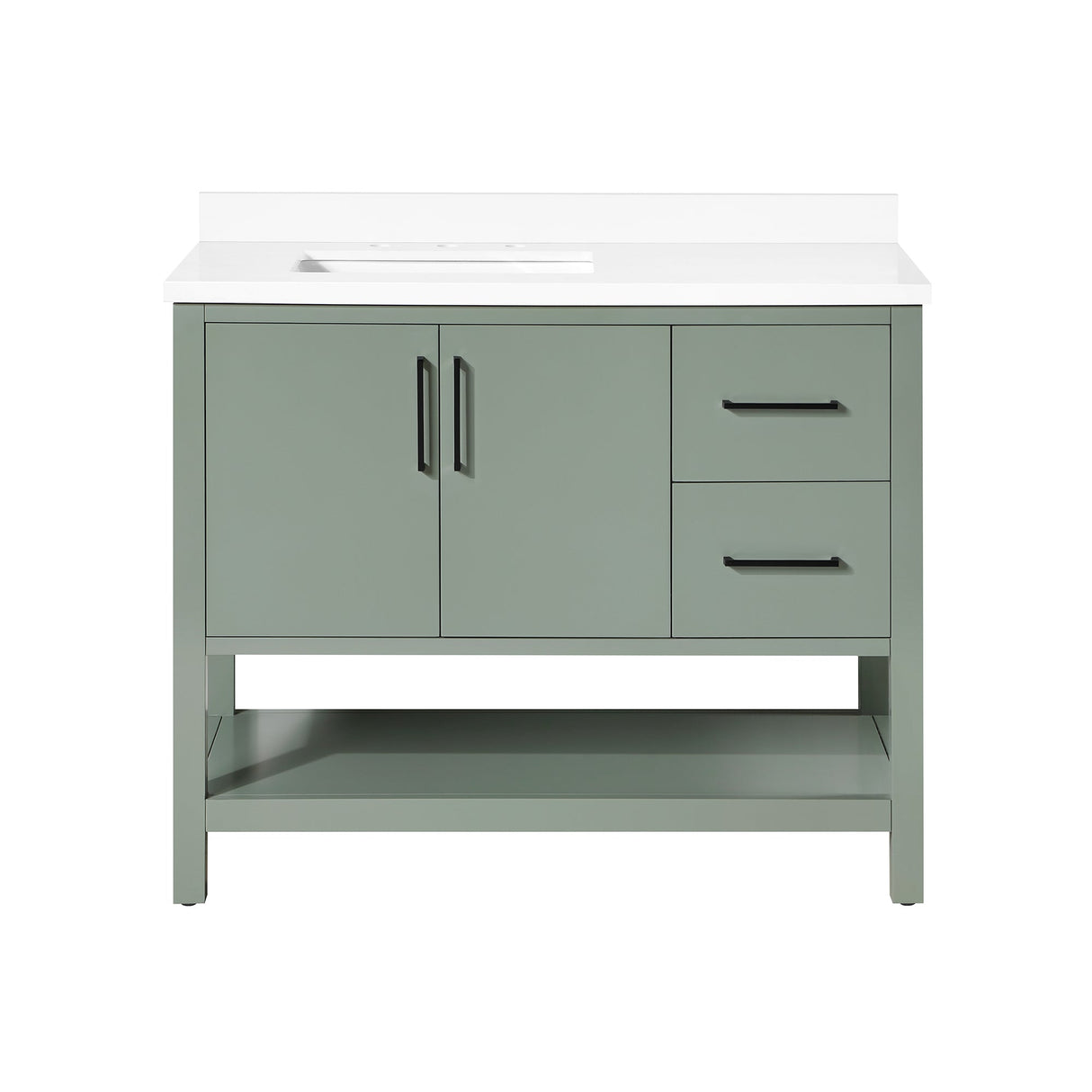 BANKS 42IN VANITY WITH SLAB DOOR IN SAGE GREEN WHITE QUARTZ TOP & CERAMIC BASIN