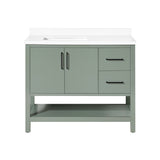 BANKS 42IN VANITY WITH SLAB DOOR IN SAGE GREEN WHITE QUARTZ TOP & CERAMIC BASIN