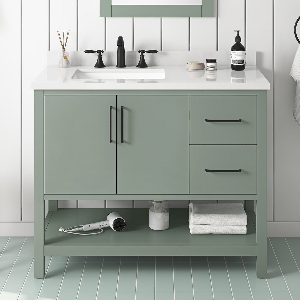 BANKS 42IN VANITY WITH SLAB DOOR IN SAGE GREEN WHITE QUARTZ TOP & CERAMIC BASIN