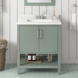 BANKS 30IN VANITY WITH SLAB DOOR IN SAGE GREEN WHITE QUARTZ TOP & CERAMIC BASIN