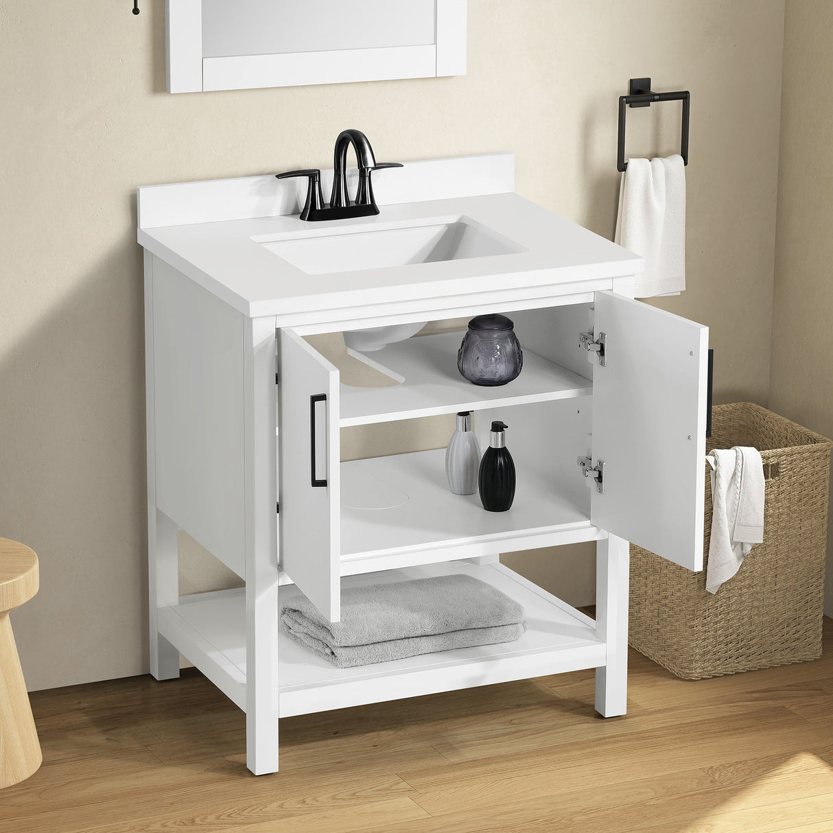 BANKS 30IN VANITY WITH SLAB DOOR IN WHITE WITH WHITE QUARTZ TOP & CERAMIC BASIN