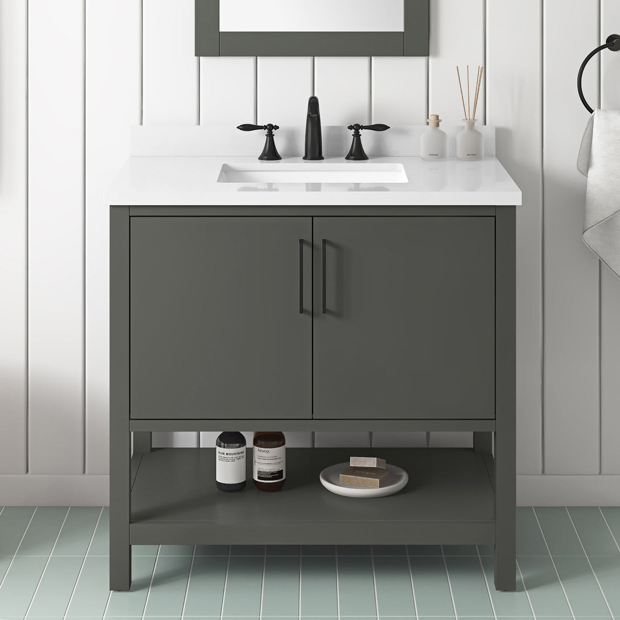 BANKS 36IN VANITY WITH SLAB DOOR IN CHARCOAL GREY WITH WHITE QUARTZ TOP & CERAMIC BASIN