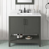 BANKS 36IN VANITY WITH SLAB DOOR IN CHARCOAL GREY WITH WHITE QUARTZ TOP & CERAMIC BASIN