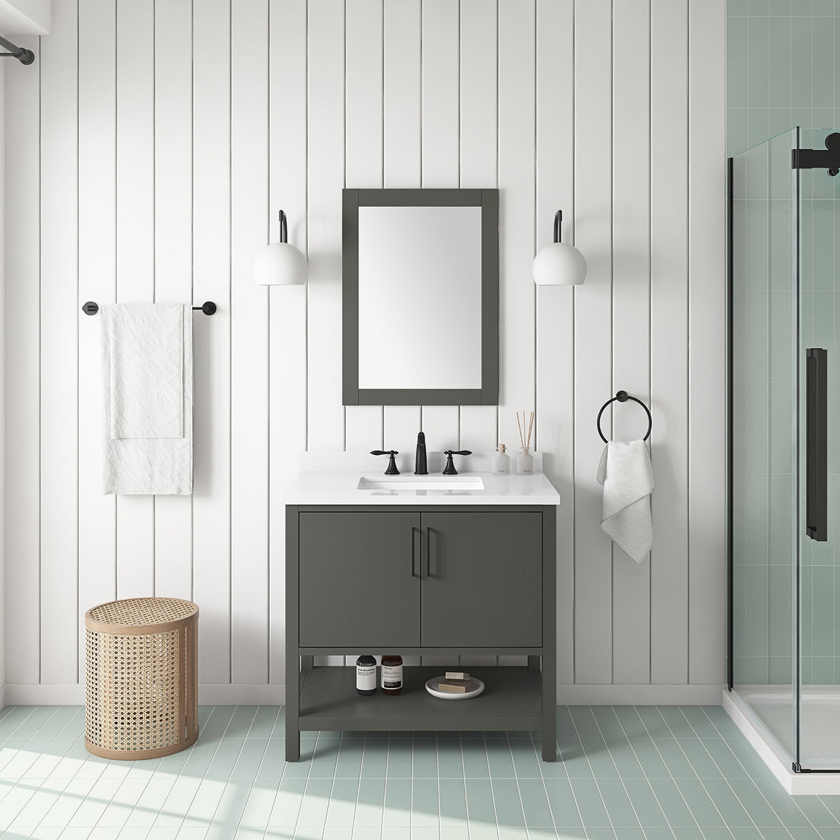 BANKS 36IN VANITY WITH SLAB DOOR IN CHARCOAL GREY WITH WHITE QUARTZ TOP & CERAMIC BASIN