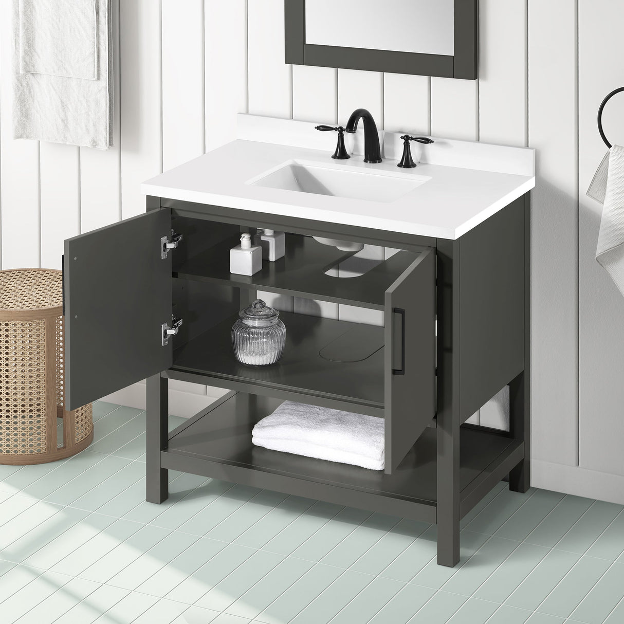 BANKS 36IN VANITY WITH SLAB DOOR IN CHARCOAL GREY WITH WHITE QUARTZ TOP & CERAMIC BASIN