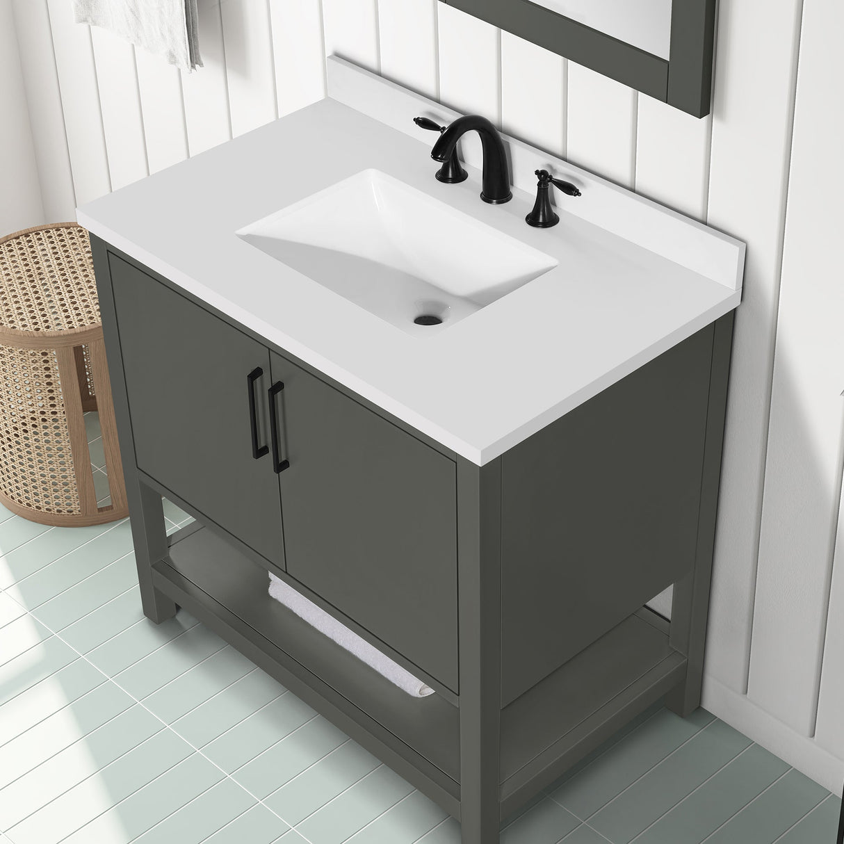 BANKS 36IN VANITY WITH SLAB DOOR IN CHARCOAL GREY WITH WHITE QUARTZ TOP & CERAMIC BASIN