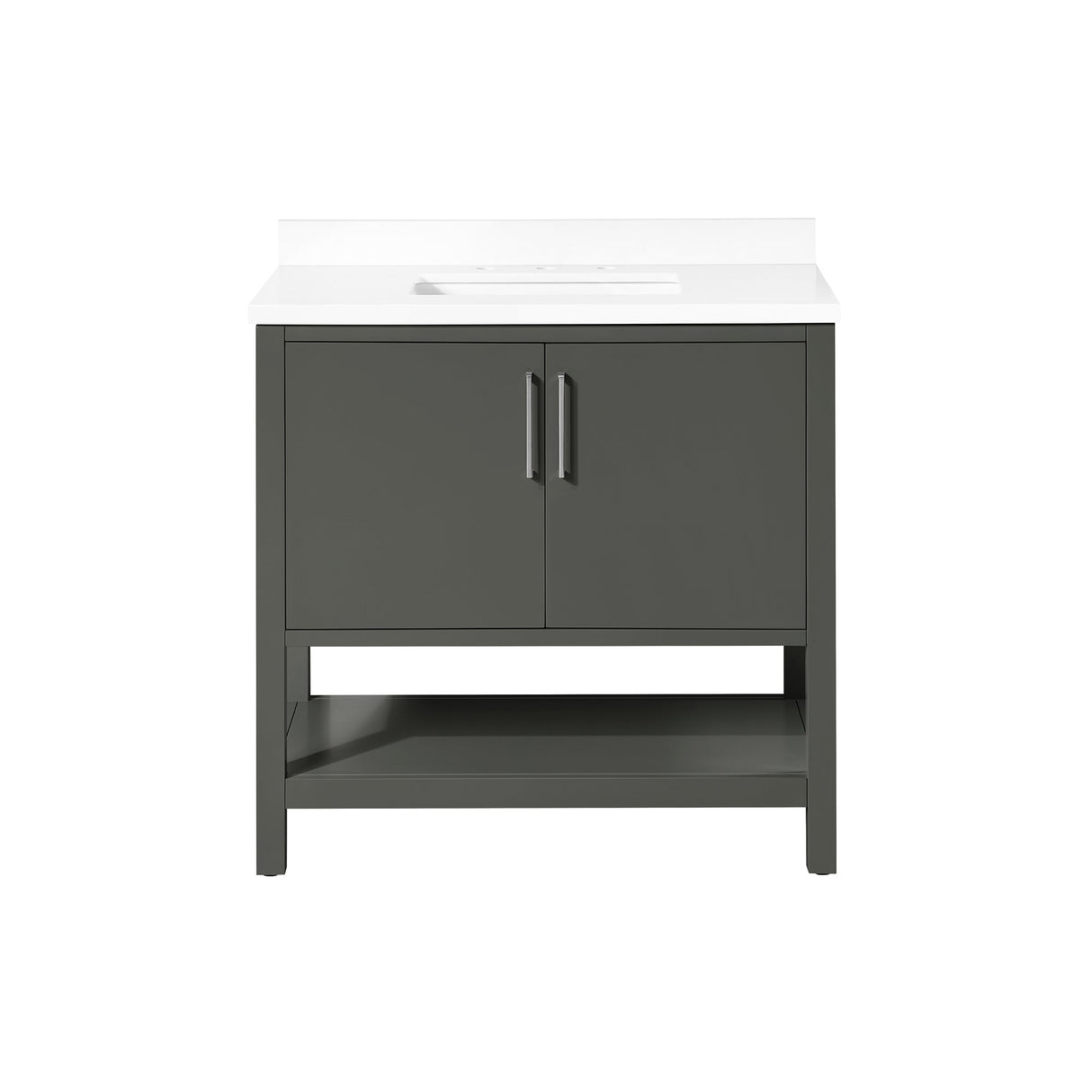 BANKS 36IN VANITY WITH SLAB DOOR IN CHARCOAL GREY WITH WHITE QUARTZ TOP & CERAMIC BASIN