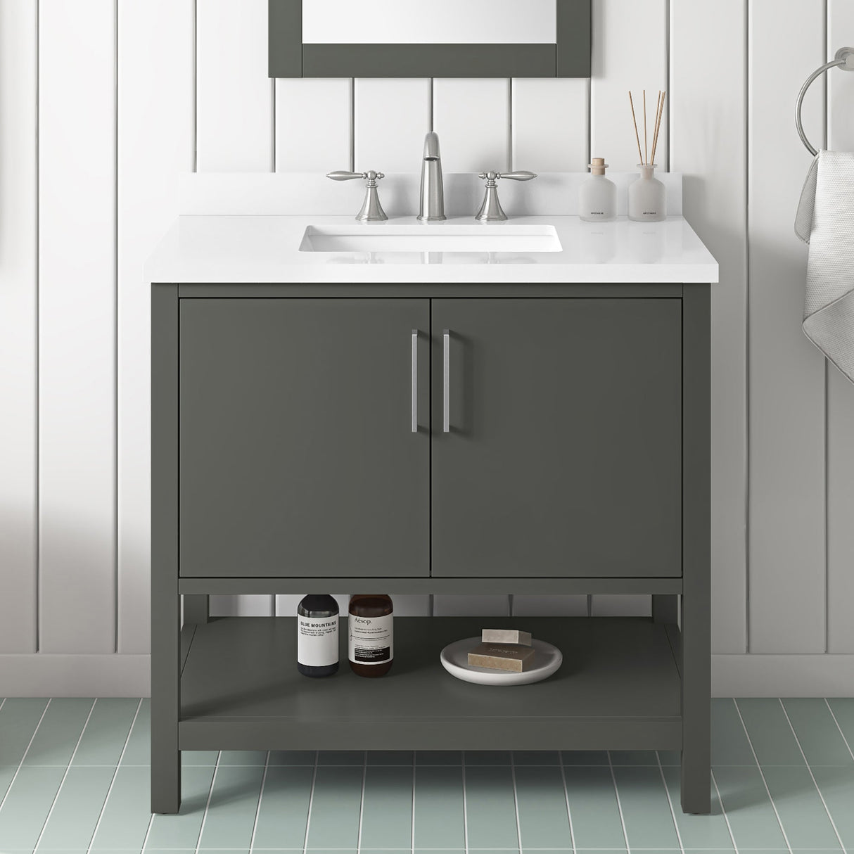 BANKS 36IN VANITY WITH SLAB DOOR IN CHARCOAL GREY WITH WHITE QUARTZ TOP & CERAMIC BASIN