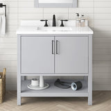 BANKS 36IN VANITY WITH SLAB DOOR IN DOVE GREY WITH WHITE QUARTZ TOP & CERAMIC BASIN