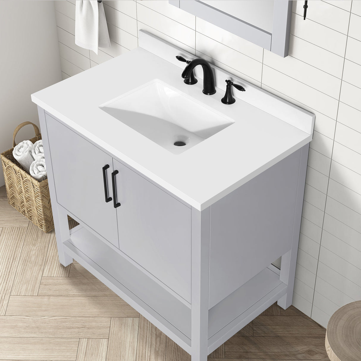 BANKS 36IN VANITY WITH SLAB DOOR IN DOVE GREY WITH WHITE QUARTZ TOP & CERAMIC BASIN