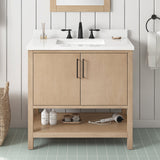 BANKS 36IN VANITY WITH SLAB DOOR IN SAHARA BIRCH WHITE QUARTZ TOP & CERAMIC BASIN