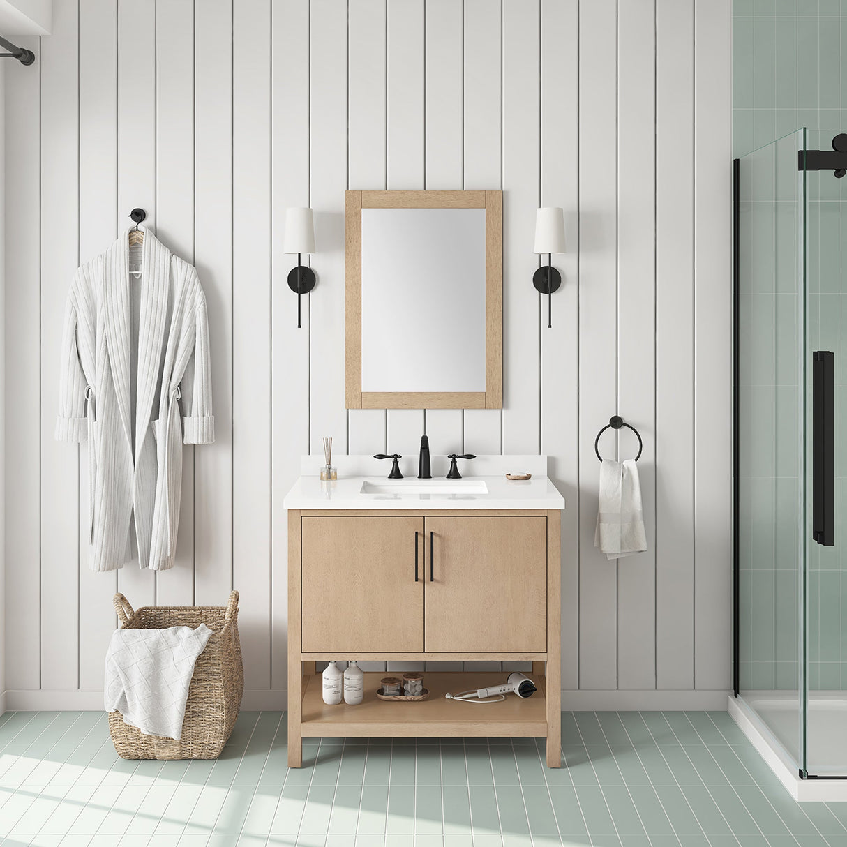 BANKS 36IN VANITY WITH SLAB DOOR IN SAHARA BIRCH WHITE QUARTZ TOP & CERAMIC BASIN