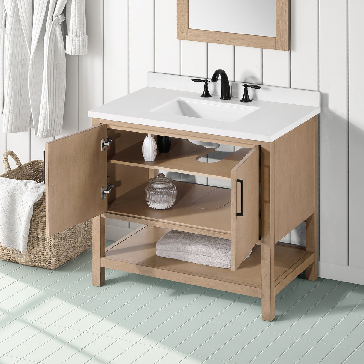 BANKS 36IN VANITY WITH SLAB DOOR IN SAHARA BIRCH WHITE QUARTZ TOP & CERAMIC BASIN