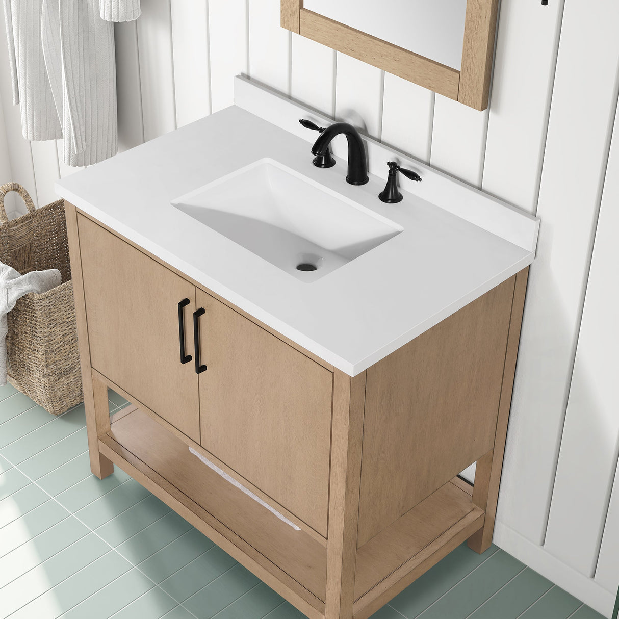 BANKS 36IN VANITY WITH SLAB DOOR IN SAHARA BIRCH WHITE QUARTZ TOP & CERAMIC BASIN