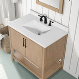 BANKS 36IN VANITY WITH SLAB DOOR IN SAHARA BIRCH WHITE QUARTZ TOP & CERAMIC BASIN