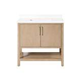 BANKS 36IN VANITY WITH SLAB DOOR IN SAHARA BIRCH WHITE QUARTZ TOP & CERAMIC BASIN