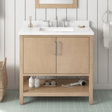 BANKS 36IN VANITY WITH SLAB DOOR IN SAHARA BIRCH WHITE QUARTZ TOP & CERAMIC BASIN