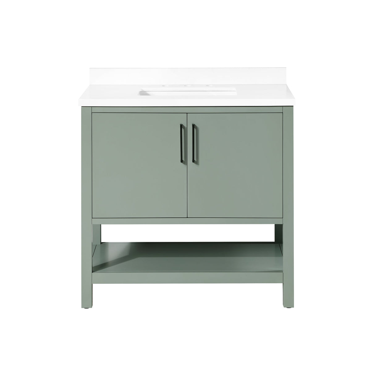 BANKS 36IN VANITY WITH SLAB DOOR IN SAGE GREEN WHITE QUARTZ TOP & CERAMIC BASIN