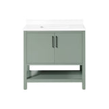 BANKS 36IN VANITY WITH SLAB DOOR IN SAGE GREEN WHITE QUARTZ TOP & CERAMIC BASIN