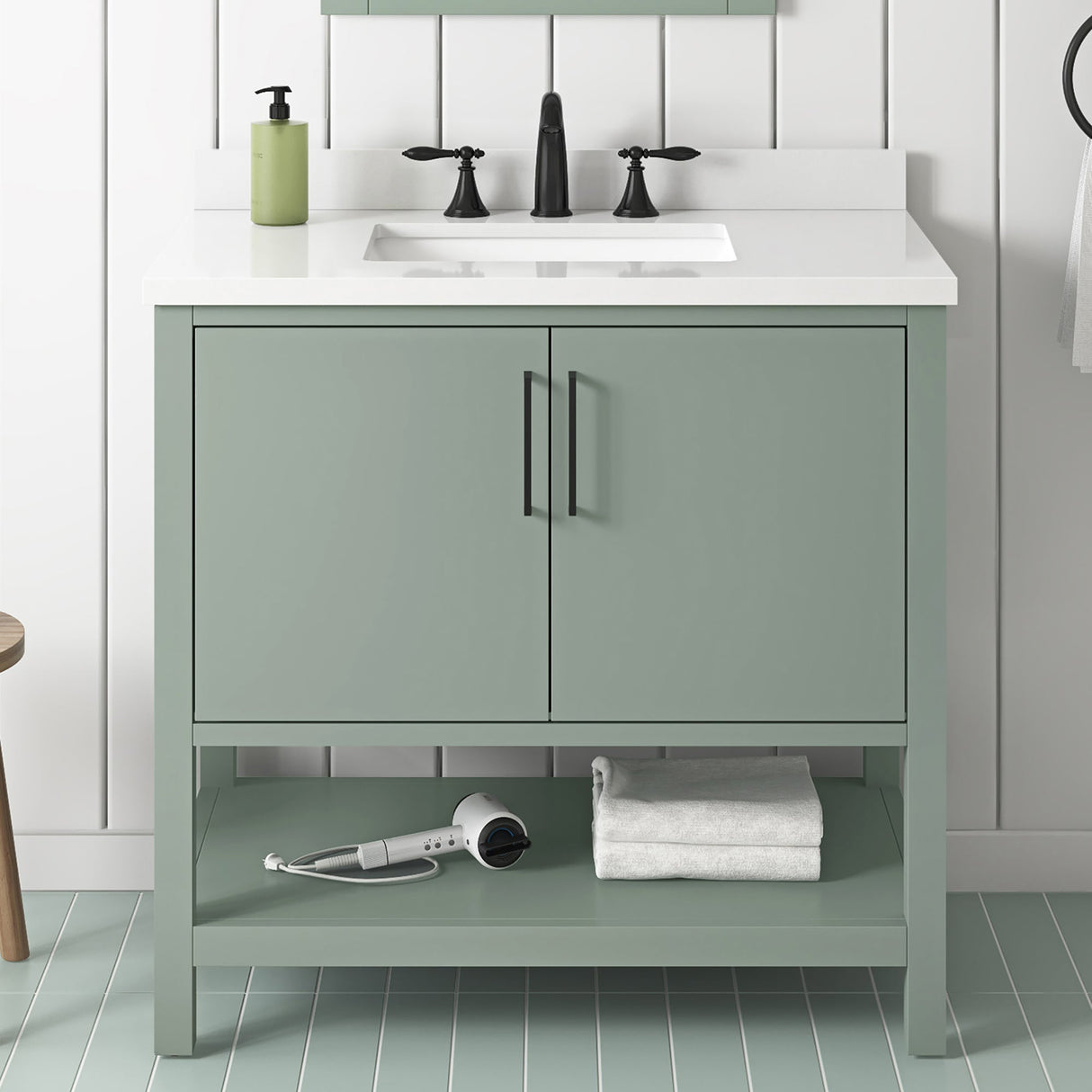 BANKS 36IN VANITY WITH SLAB DOOR IN SAGE GREEN WHITE QUARTZ TOP & CERAMIC BASIN