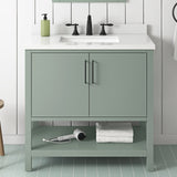 BANKS 36IN VANITY WITH SLAB DOOR IN SAGE GREEN WHITE QUARTZ TOP & CERAMIC BASIN