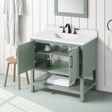 BANKS 36IN VANITY WITH SLAB DOOR IN SAGE GREEN WHITE QUARTZ TOP & CERAMIC BASIN