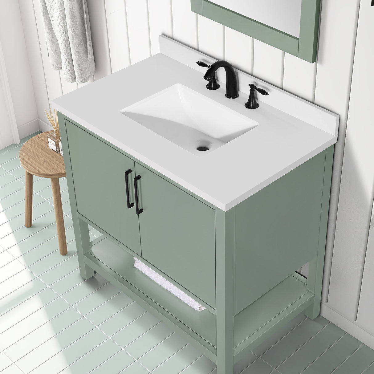 BANKS 36IN VANITY WITH SLAB DOOR IN SAGE GREEN WHITE QUARTZ TOP & CERAMIC BASIN