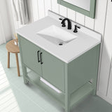 BANKS 36IN VANITY WITH SLAB DOOR IN SAGE GREEN WHITE QUARTZ TOP & CERAMIC BASIN