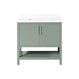 BANKS 36IN VANITY WITH SLAB DOOR IN SAGE GREEN WHITE QUARTZ TOP & CERAMIC BASIN