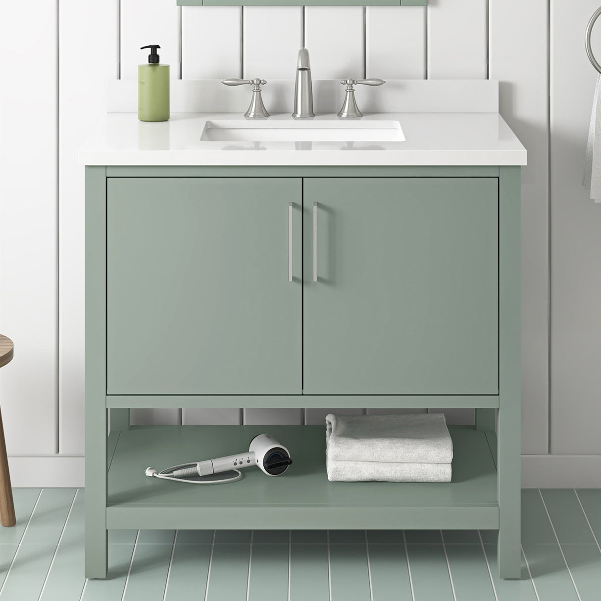 BANKS 36IN VANITY WITH SLAB DOOR IN SAGE GREEN WHITE QUARTZ TOP & CERAMIC BASIN