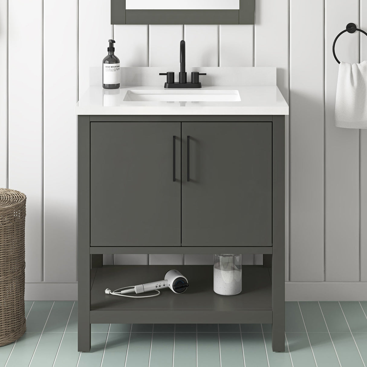 BANKS 30IN VANITY WITH SLAB DOOR IN CHARCOAL GREY WITH WHITE QUARTZ TOP & CERAMIC BASIN