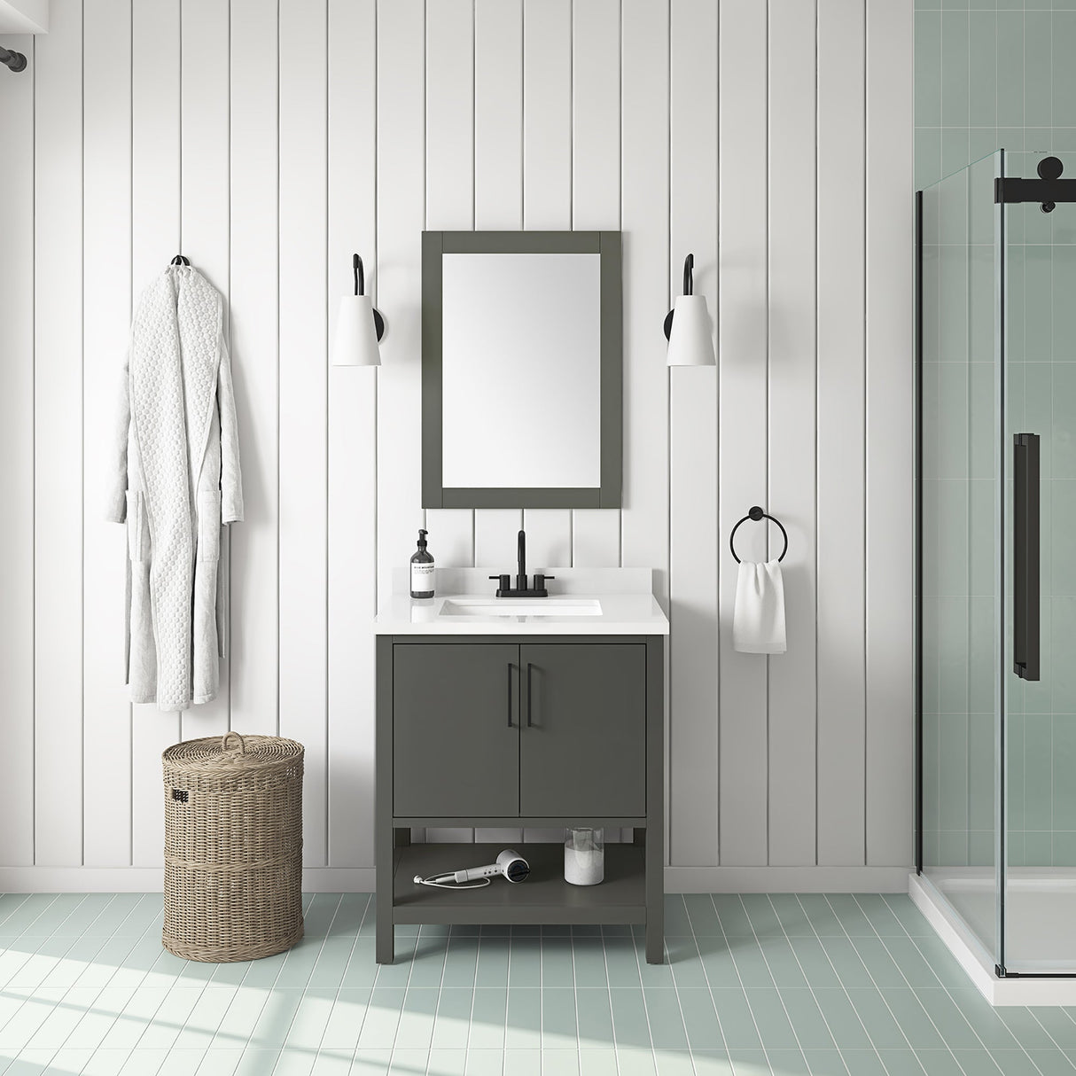 BANKS 30IN VANITY WITH SLAB DOOR IN CHARCOAL GREY WITH WHITE QUARTZ TOP & CERAMIC BASIN