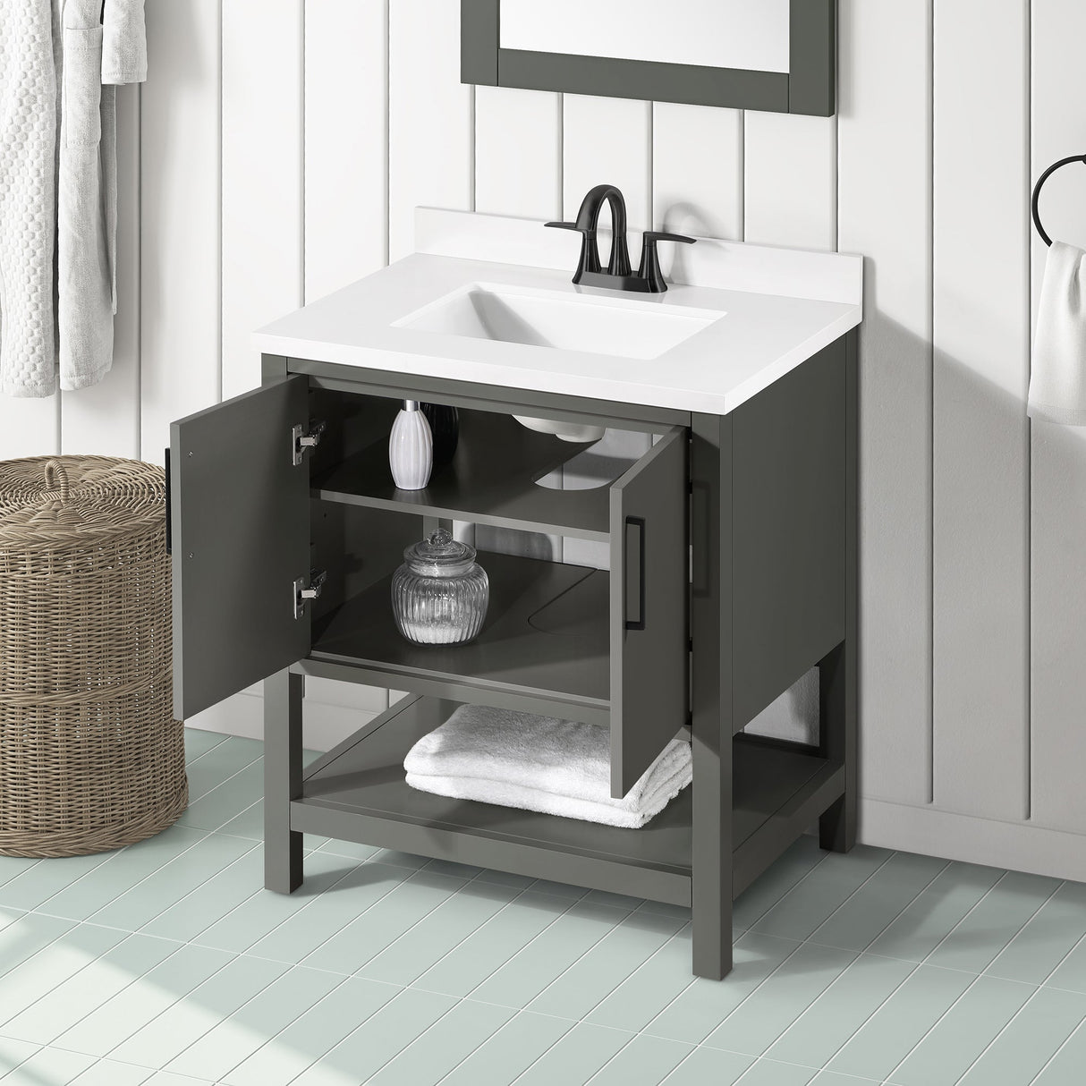 BANKS 30IN VANITY WITH SLAB DOOR IN CHARCOAL GREY WITH WHITE QUARTZ TOP & CERAMIC BASIN