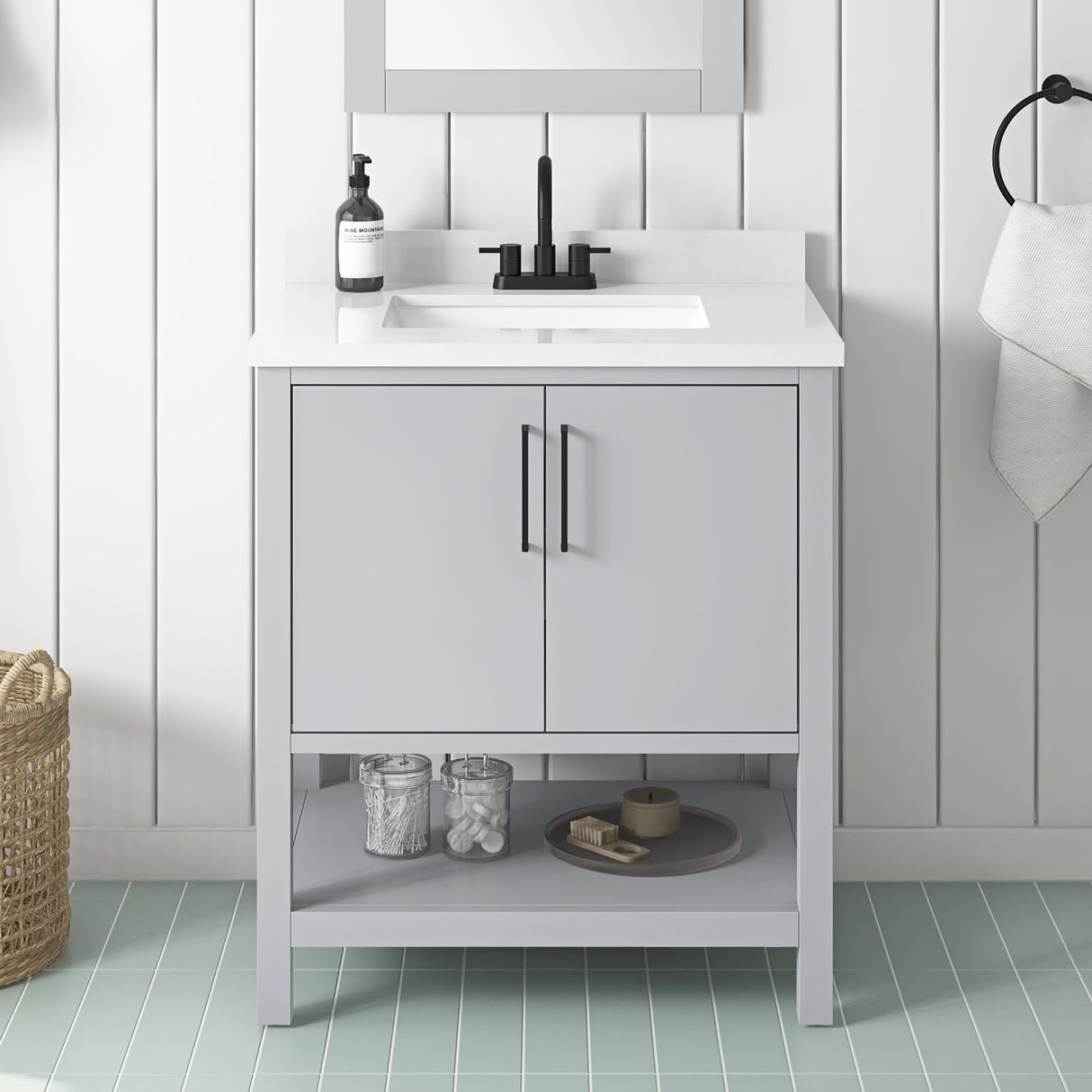 BANKS 30IN VANITY WITH SLAB DOOR IN DOVE GREY WITH WHITE QUARTZ TOP & CERAMIC BASIN