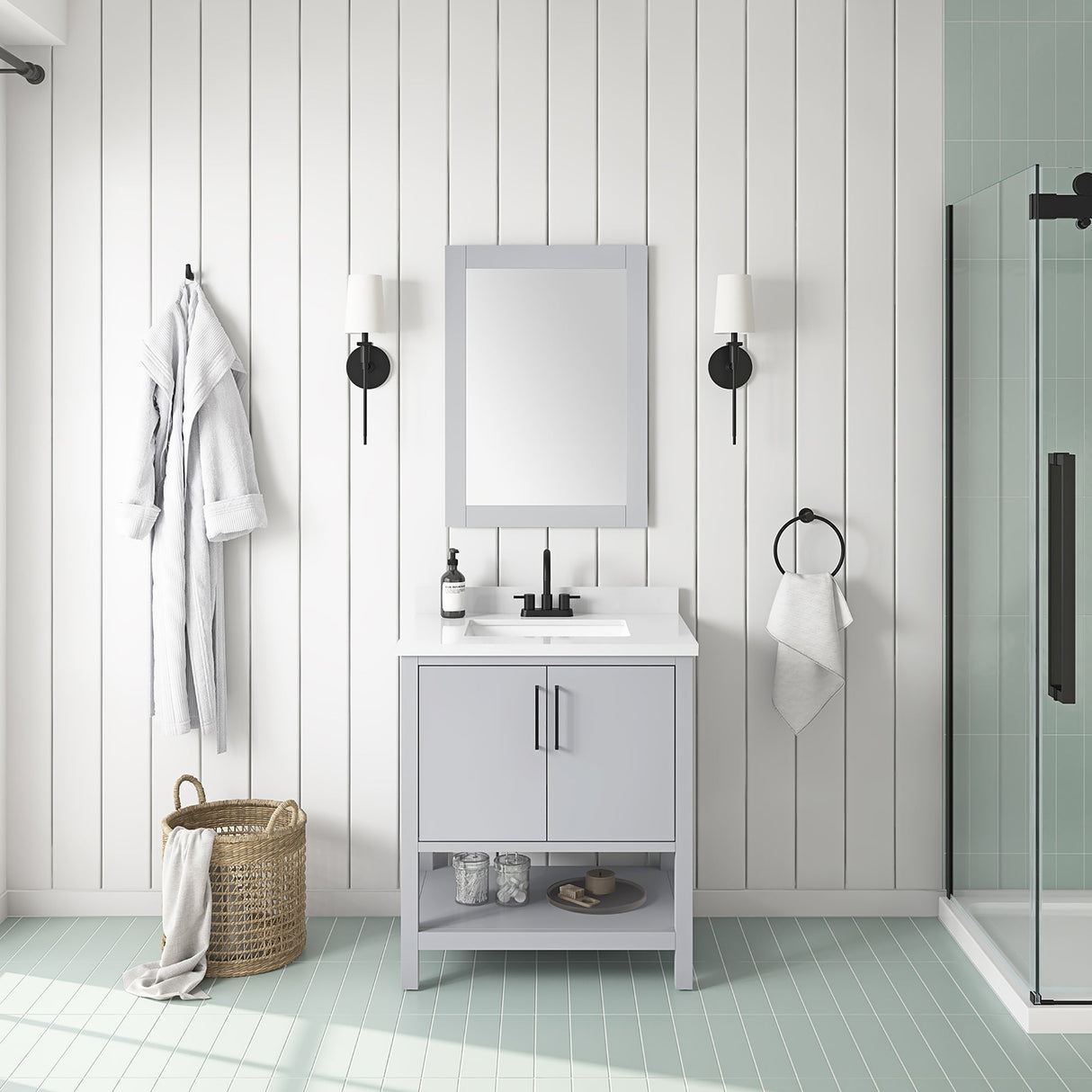 BANKS 30IN VANITY WITH SLAB DOOR IN DOVE GREY WITH WHITE QUARTZ TOP & CERAMIC BASIN