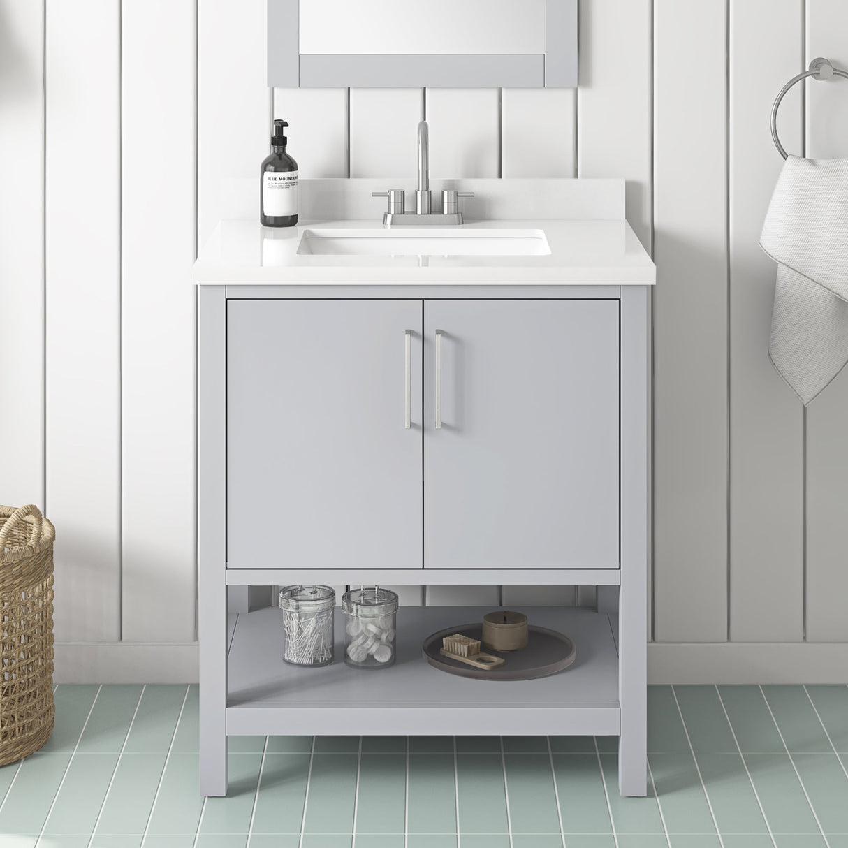 BANKS 30IN VANITY WITH SLAB DOOR IN DOVE GREY WITH WHITE QUARTZ TOP & CERAMIC BASIN
