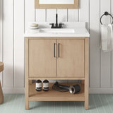 BANKS 30IN VANITY WITH SLAB DOOR IN SAHARA BIRCH WHITE QUARTZ TOP & CERAMIC BASIN