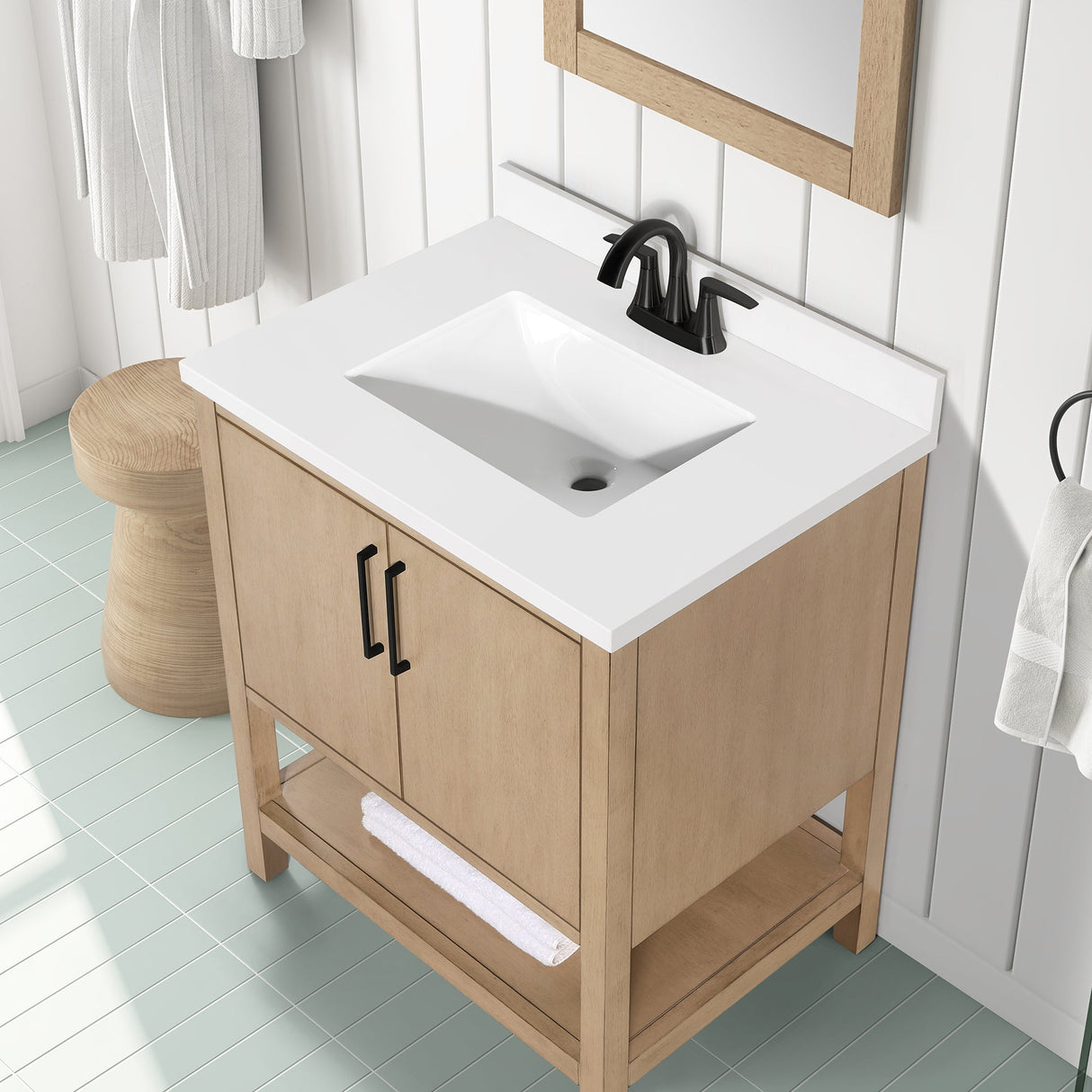 BANKS 30IN VANITY WITH SLAB DOOR IN SAHARA BIRCH WHITE QUARTZ TOP & CERAMIC BASIN