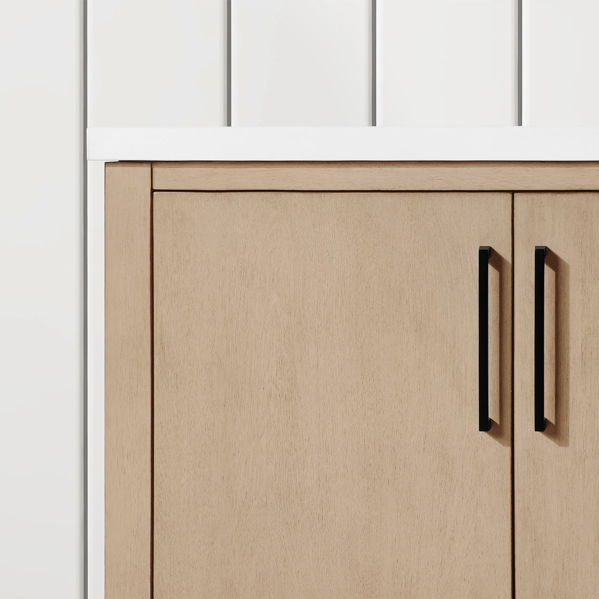 BANKS 30IN VANITY WITH SLAB DOOR IN SAHARA BIRCH WHITE QUARTZ TOP & CERAMIC BASIN