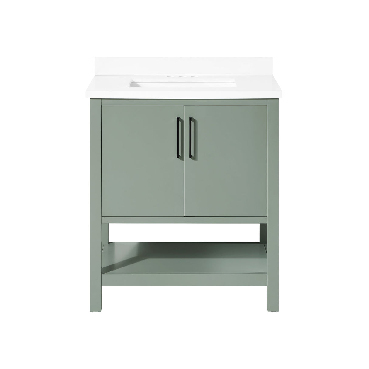 BANKS 30IN VANITY WITH SLAB DOOR IN SAGE GREEN WHITE QUARTZ TOP & CERAMIC BASIN