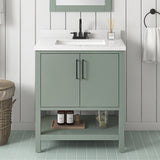 BANKS 30IN VANITY WITH SLAB DOOR IN SAGE GREEN WHITE QUARTZ TOP & CERAMIC BASIN