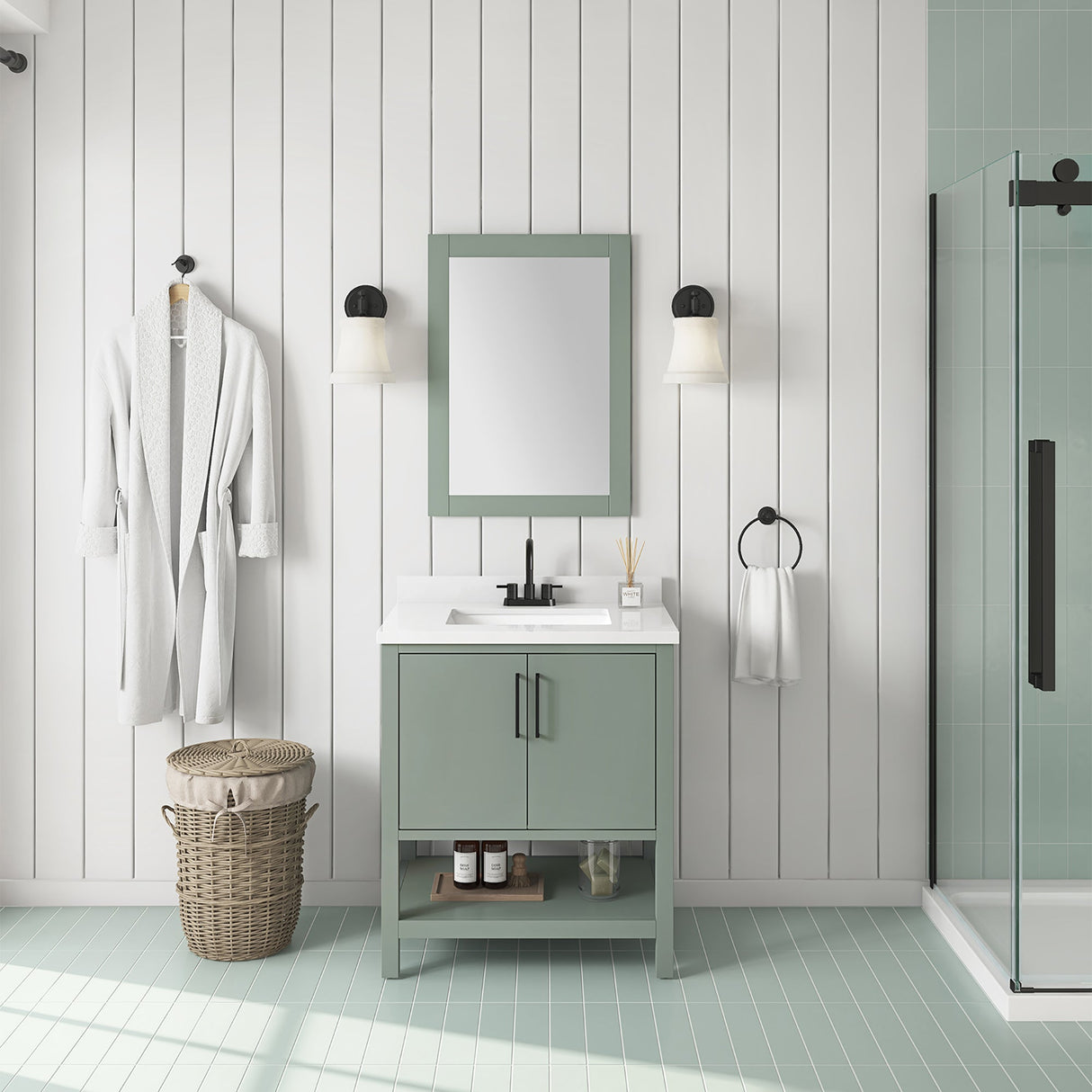 BANKS 30IN VANITY WITH SLAB DOOR IN SAGE GREEN WHITE QUARTZ TOP & CERAMIC BASIN