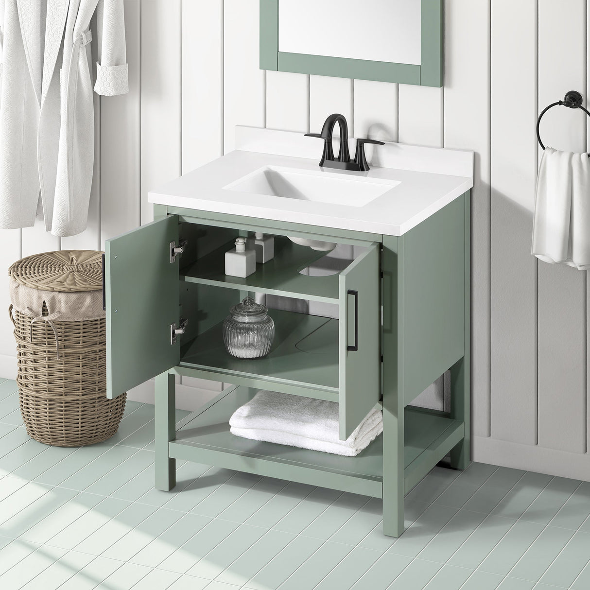 BANKS 30IN VANITY WITH SLAB DOOR IN SAGE GREEN WHITE QUARTZ TOP & CERAMIC BASIN