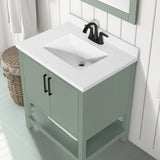 BANKS 30IN VANITY WITH SLAB DOOR IN SAGE GREEN WHITE QUARTZ TOP & CERAMIC BASIN