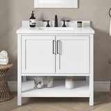 BANKS 36IN VANITY WITH SHAKER DOOR IN WHITE WITH WHITE QUARTZ TOP & CERAMIC BASIN