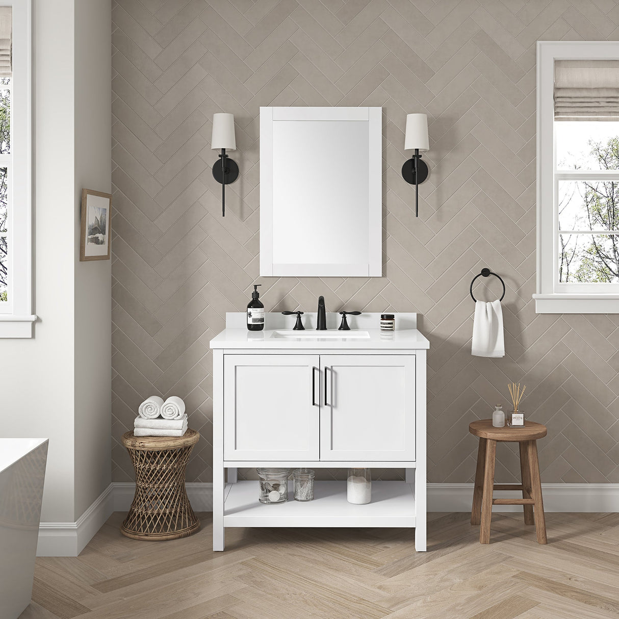 BANKS 36IN VANITY WITH SHAKER DOOR IN WHITE WITH WHITE QUARTZ TOP & CERAMIC BASIN