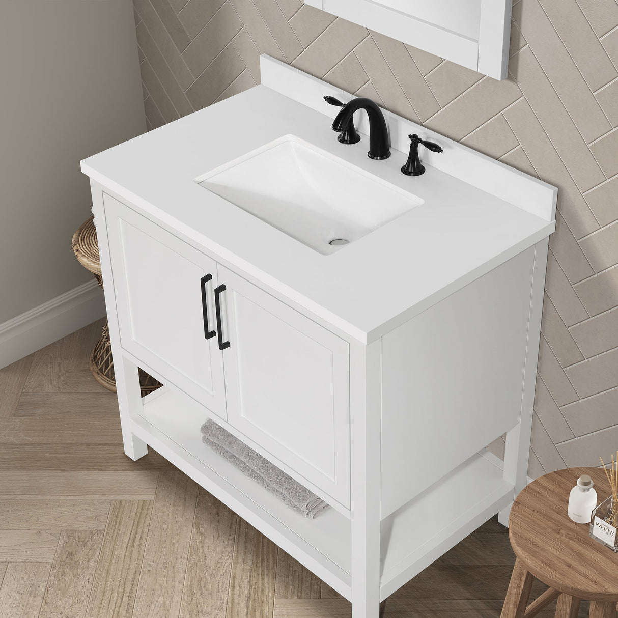BANKS 36IN VANITY WITH SHAKER DOOR IN WHITE WITH WHITE QUARTZ TOP & CERAMIC BASIN