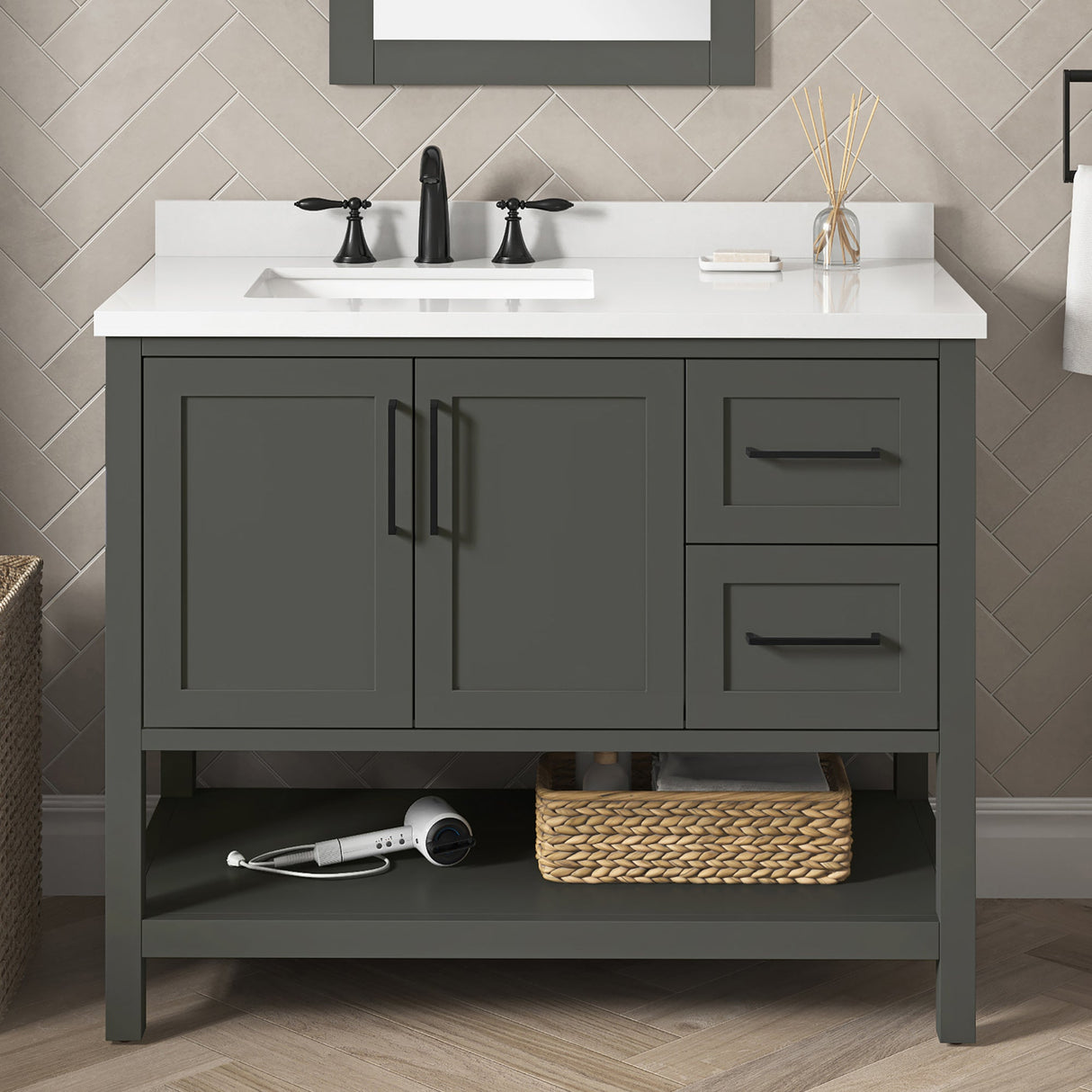 BANKS 42IN VANITY WITH SHAKER DOOR IN CHARCOAL GREY WITH WHITE QUARTZ TOP & CERAMIC BASIN