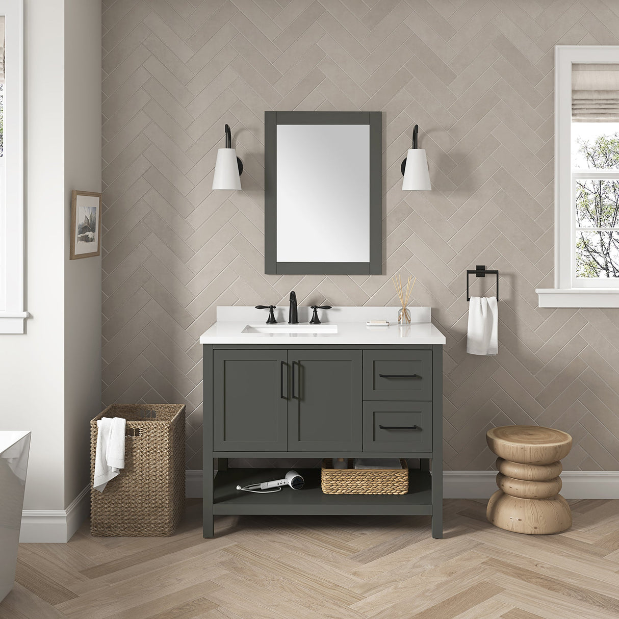 BANKS 42IN VANITY WITH SHAKER DOOR IN CHARCOAL GREY WITH WHITE QUARTZ TOP & CERAMIC BASIN