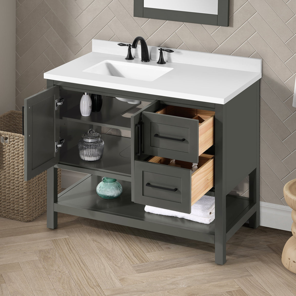 BANKS 42IN VANITY WITH SHAKER DOOR IN CHARCOAL GREY WITH WHITE QUARTZ TOP & CERAMIC BASIN